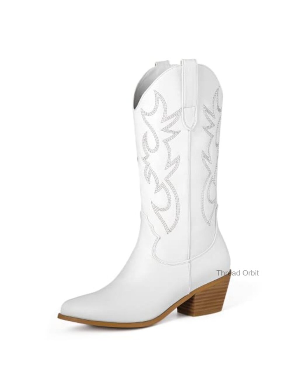 Embroidered PU Leather Cowgirl Boots Pointed Toe Mid Calf Chunky Heel Pull On